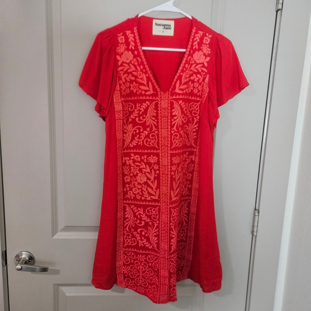 Savanna Jane Red Embroidered V-Neck Boho Shift Mini Dress Small